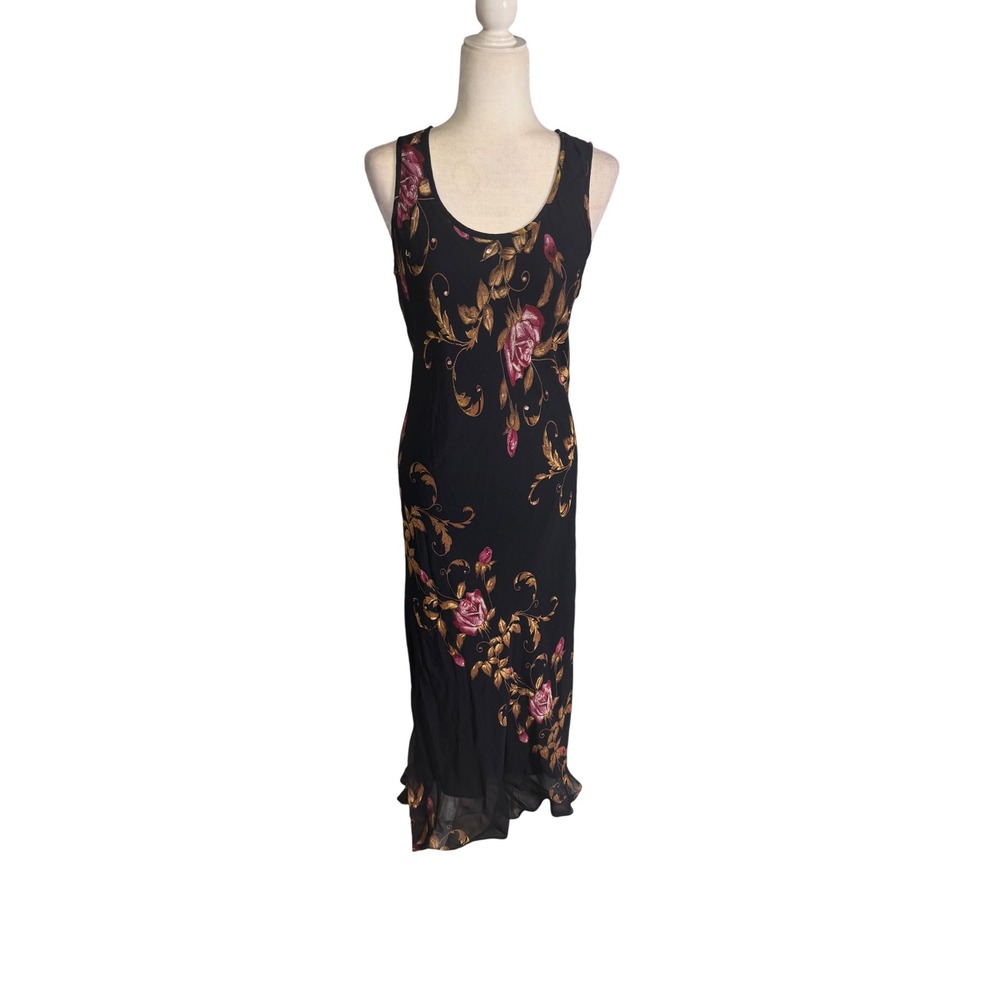 Vintage 90s Paradiso Black Floral Maxi Dress Romantic Sheer Rayon Sequin M